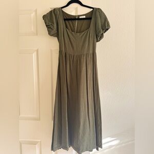 Elegant Olive Green Puff Sleeve Dress